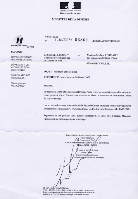 Lettre du Ministère de la Défense